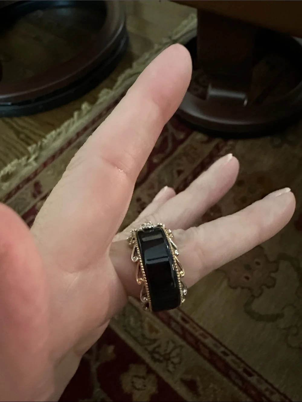 Black Onyx Band Ring with Gold-Tone Rope and Silver Cross Accents